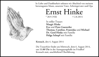 Anzeige von Ernst Hinke von MGO