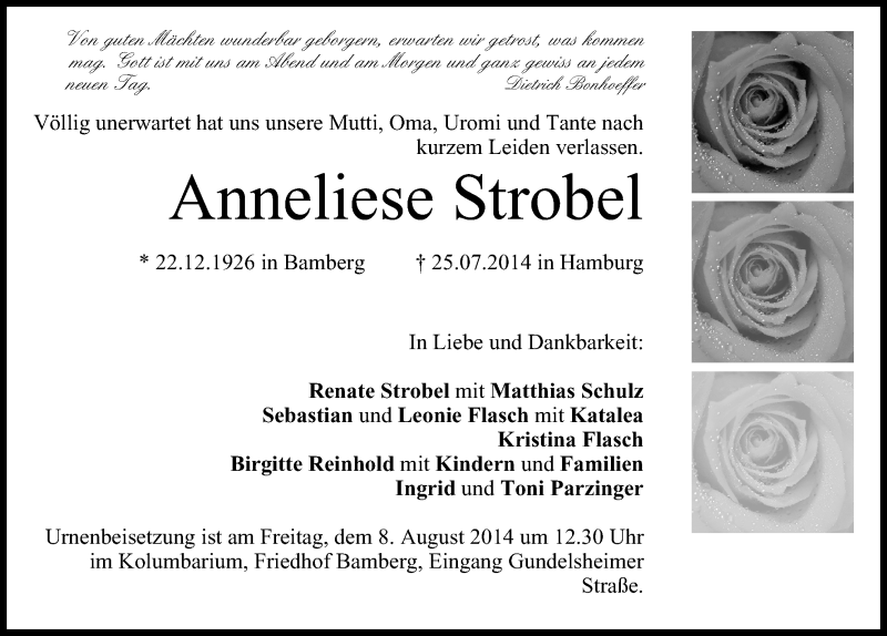  Traueranzeige für Anneliese Strobel vom 05.08.2014 aus MGO