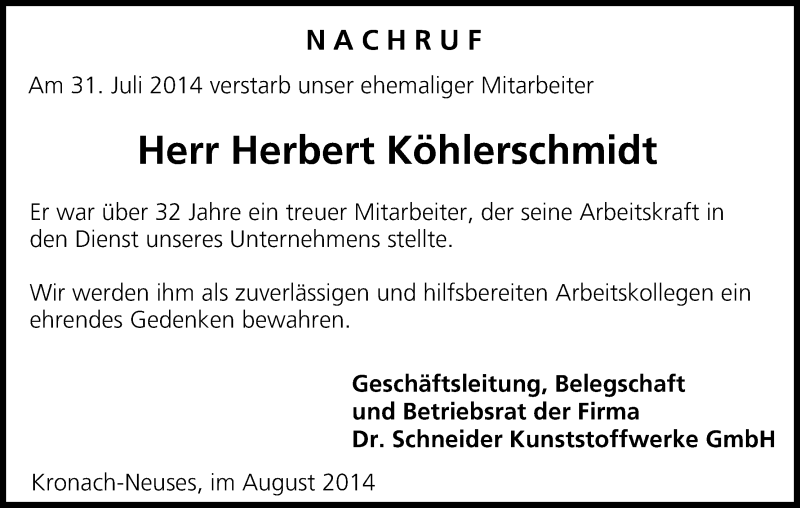  Traueranzeige für Herbert Köhlerschmidt vom 05.08.2014 aus MGO