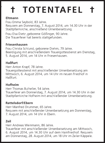 Anzeige von Totentafel vom 05.08.2014 von MGO