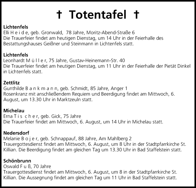  Traueranzeige für Totentafel vom 05.08.2014 vom 05.08.2014 aus MGO