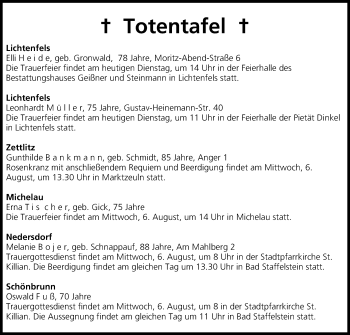 Anzeige von Totentafel vom 05.08.2014 von MGO