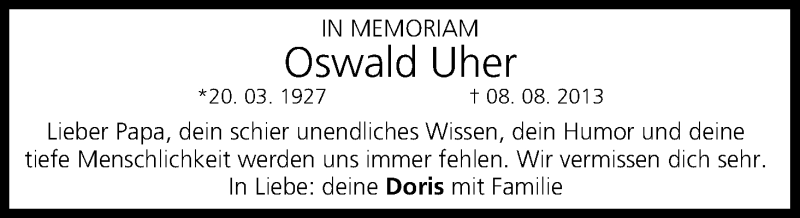  Traueranzeige für Oswald Uher vom 08.08.2014 aus MGO