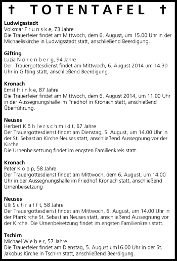 Anzeige von Totentafel vom 05.08.2014  von MGO