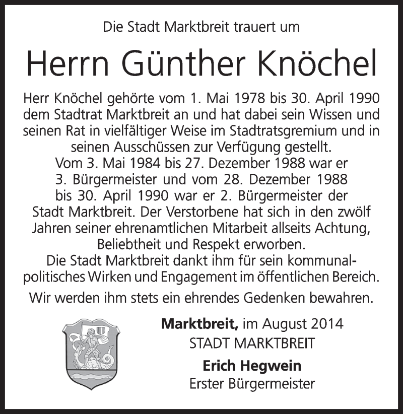  Traueranzeige für Günther Knöchel vom 05.08.2014 aus MGO