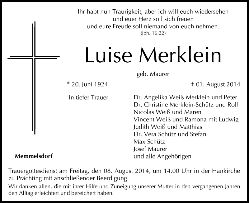  Traueranzeige für Luise Merklein vom 05.08.2014 aus MGO