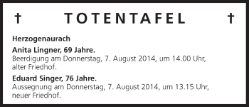 Anzeige von Totentafel, vom 08.06.2014 von MGO