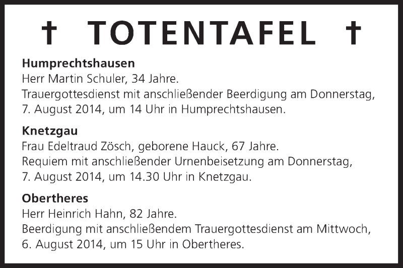  Traueranzeige für Totentafel, vom 08.06.2014 vom 06.08.2014 aus MGO