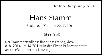 Anzeige von Hans Stamm von MGO