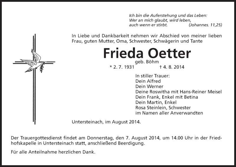  Traueranzeige für Frieda Oetter vom 06.08.2014 aus MGO