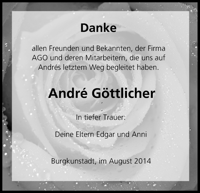  Traueranzeige für André Göttlicher vom 08.08.2014 aus MGO