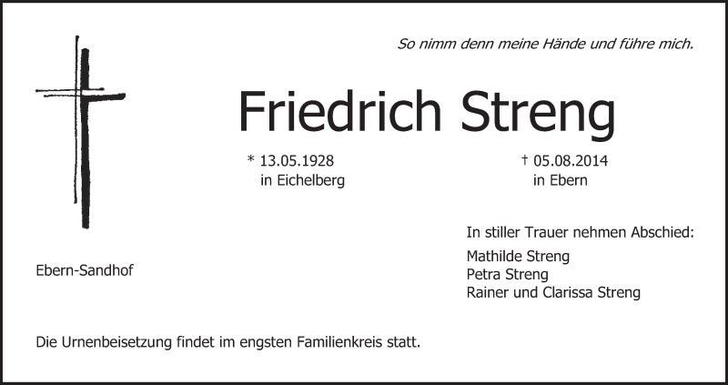  Traueranzeige für Friedrich Streng vom 08.08.2014 aus MGO