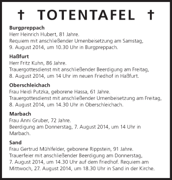 Anzeige von Totentafel vom 07.08.2014 von MGO