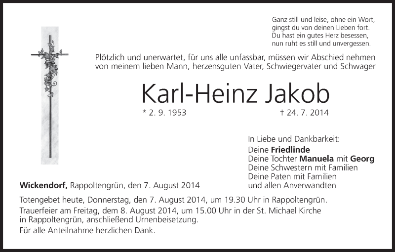  Traueranzeige für Karl-Heinz Jakob vom 07.08.2014 aus MGO