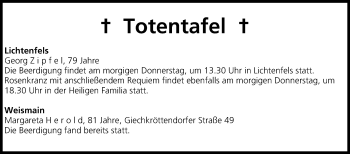 Anzeige von Totentafel vom 07.08.2014 von MGO