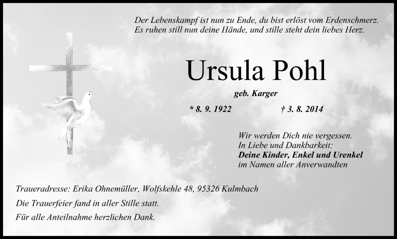  Traueranzeige für Ursula Pohl vom 07.08.2014 aus MGO