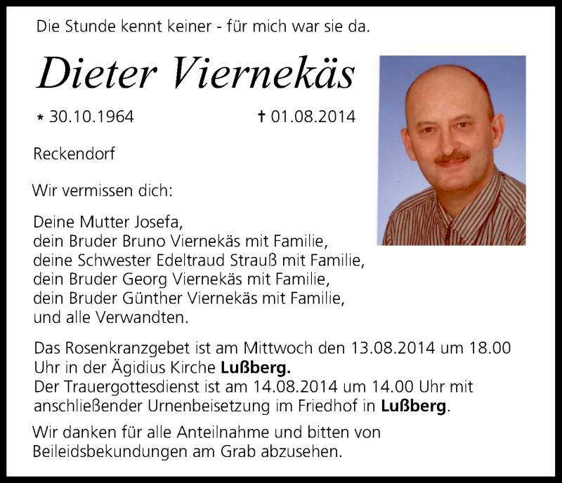  Traueranzeige für Dieter Viernekäs vom 12.08.2014 aus MGO