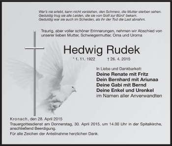 Anzeige von Hedwig Rudek von MGO