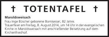 Anzeige von Totentafel vom 08.08.2014 von MGO