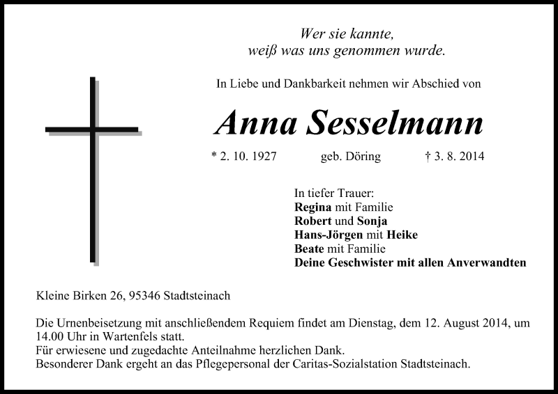  Traueranzeige für Anna Sesselmann vom 09.08.2014 aus MGO