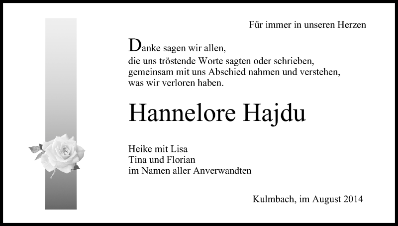  Traueranzeige für Hannelore Hajdu vom 09.08.2014 aus MGO