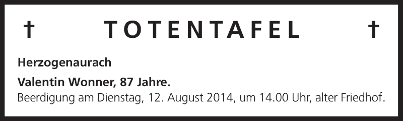 Traueranzeige für Totentafel vom 08.08.2014 vom 08.08.2014 aus MGO