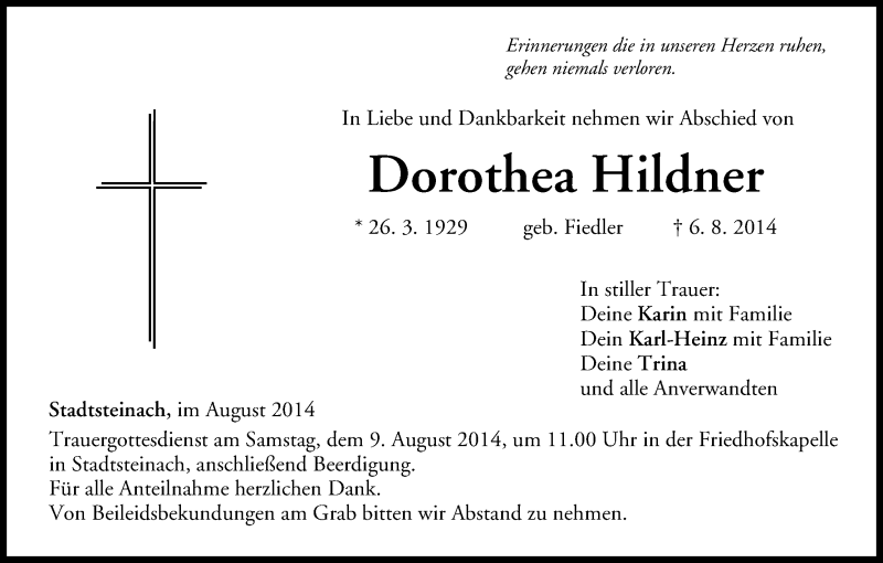  Traueranzeige für Dorothea Hildner vom 08.08.2014 aus MGO