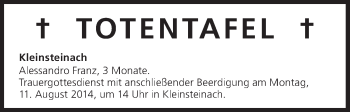 Anzeige von Totentafel vom 09.08.2014 von MGO