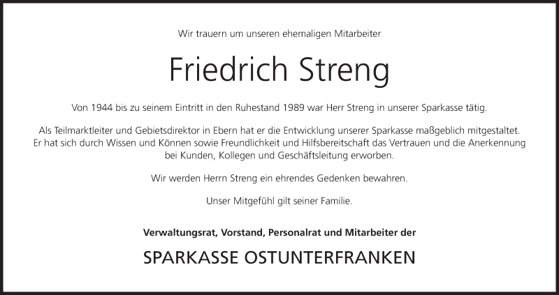  Traueranzeige für Friedrich Streng vom 09.08.2014 aus MGO