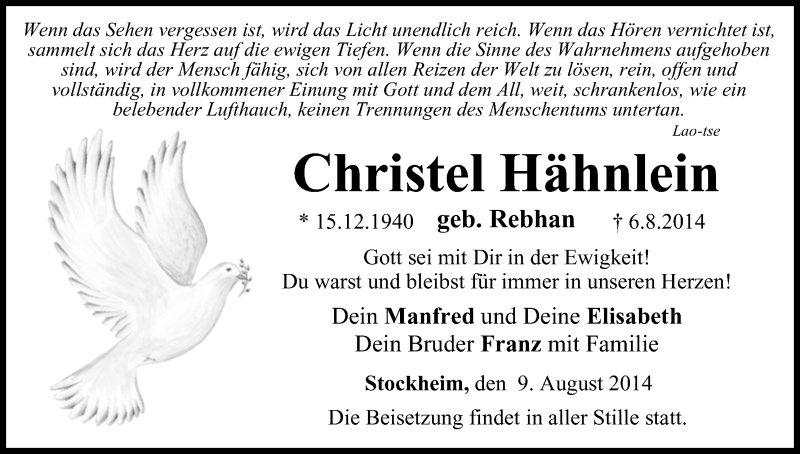  Traueranzeige für Christel Hähnlein vom 09.08.2014 aus MGO