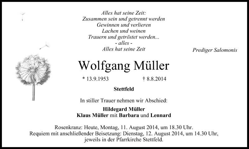  Traueranzeige für Wolfgang Müller vom 11.08.2014 aus MGO
