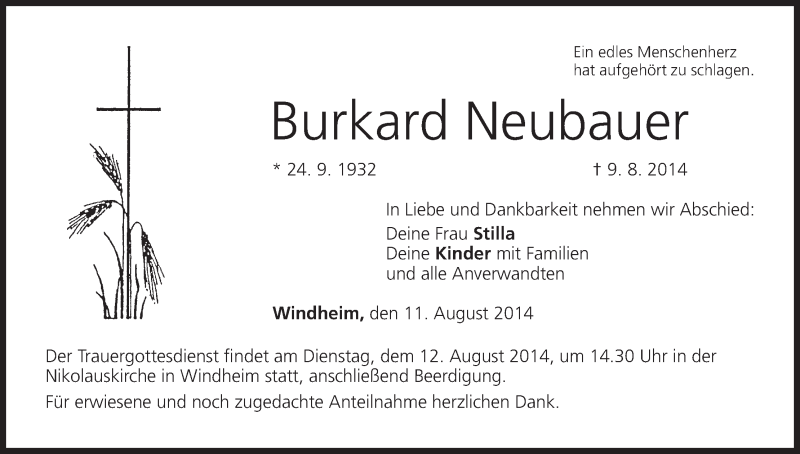  Traueranzeige für Burkard Neubauer vom 11.08.2014 aus MGO