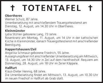 Anzeige von Totentafel vom 11.08.2014 von MGO