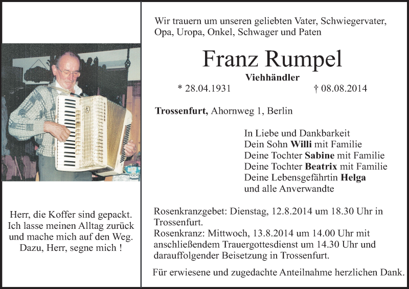  Traueranzeige für Franz Rumpel vom 11.08.2014 aus MGO