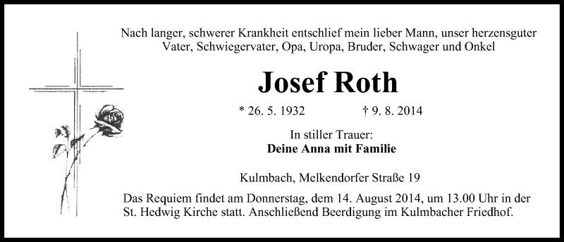  Traueranzeige für Josef Roth vom 12.08.2014 aus MGO