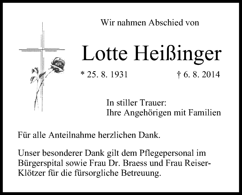  Traueranzeige für Lotte Heißinger vom 12.08.2014 aus MGO