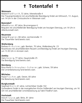 Anzeige von Totentafel vom 12.08.2014 von MGO