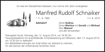 Anzeige von Manfred Rudolf Schnaiker von MGO