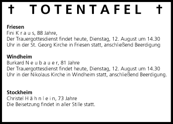 Anzeige von Totentafel vom 12.08.2014 von MGO
