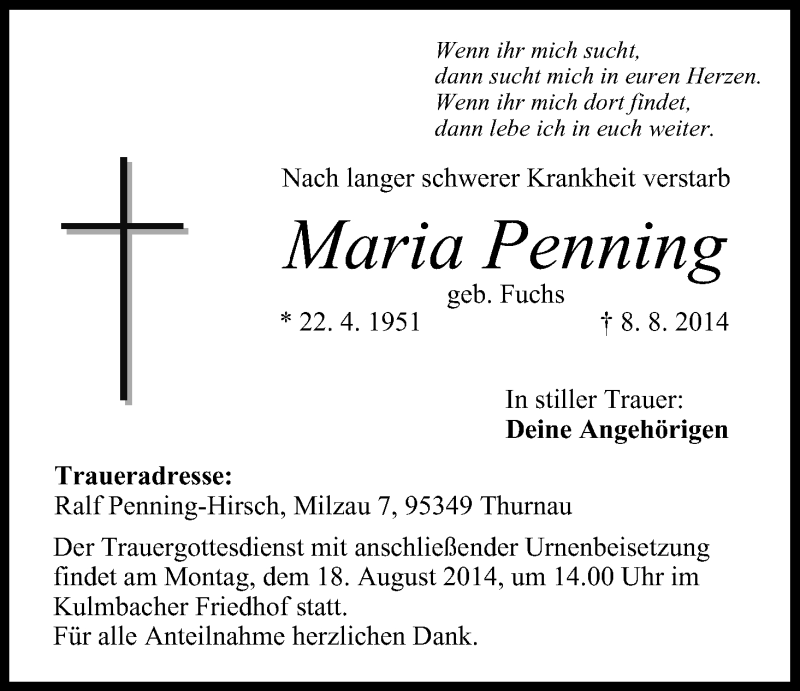  Traueranzeige für Maria Penning vom 13.08.2014 aus MGO