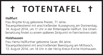 Anzeige von Totentafel vom 13.08.2014 von MGO