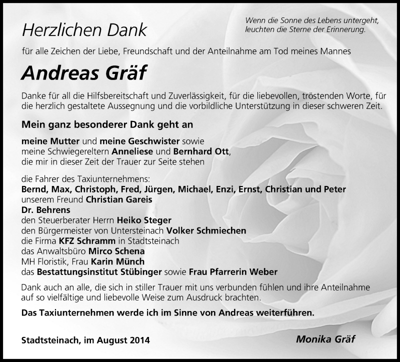  Traueranzeige für Andreas Gräf vom 13.08.2014 aus MGO