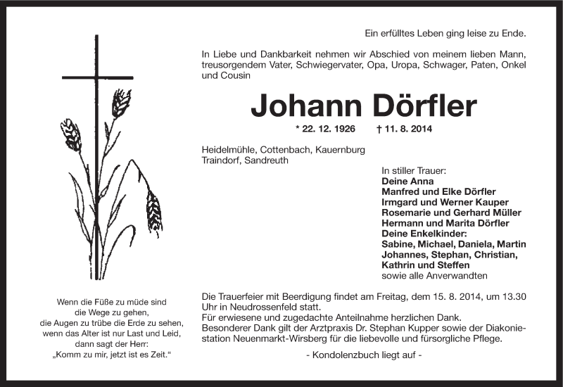  Traueranzeige für Johann Dörfler vom 14.08.2014 aus MGO
