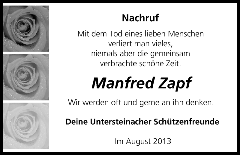  Traueranzeige für Manfred Zapf vom 16.08.2014 aus MGO