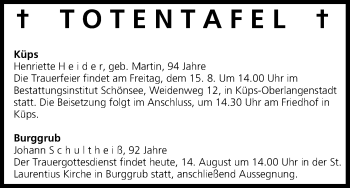 Anzeige von Totentafel, vom 15.08.2014 von MGO