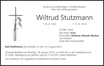 Anzeige von Wiltrud Stutzmann von MGO