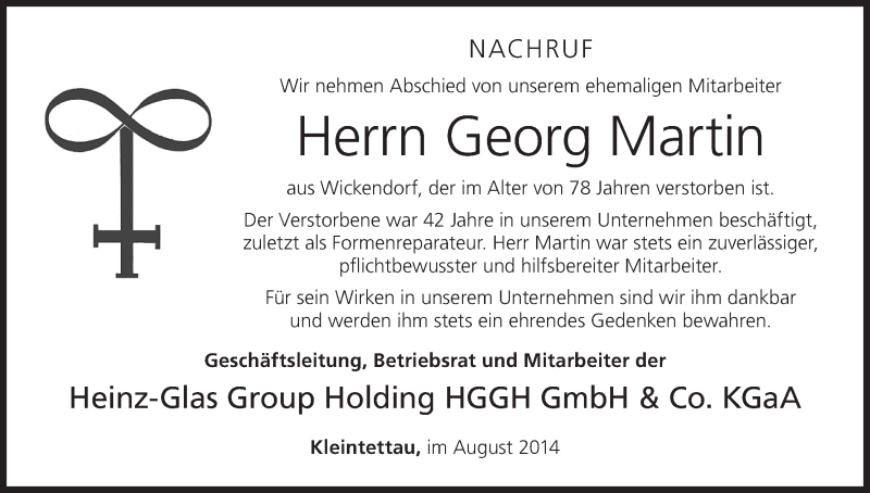  Traueranzeige für Georg Martin vom 15.08.2014 aus MGO