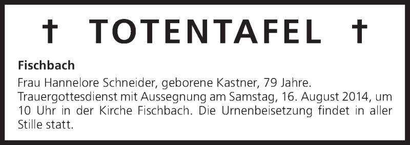  Traueranzeige für Totentafel, vom 15.08.2014 vom 15.08.2014 aus MGO
