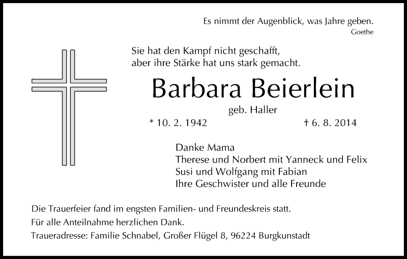  Traueranzeige für Barbara Beierlein vom 21.08.2014 aus MGO