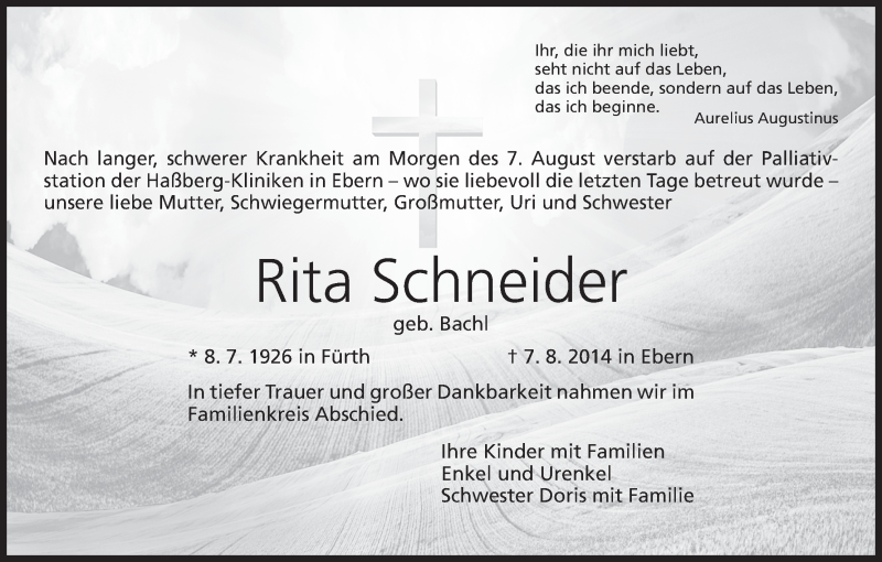  Traueranzeige für Rita Schneider vom 16.08.2014 aus MGO